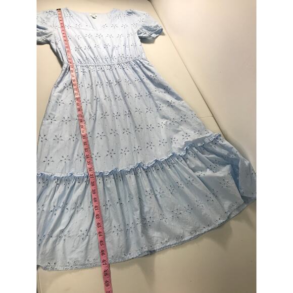 J. Crew Midi Dress Women's 8 Blue V Neck Puff Sleeve Eyelet Tiered Feminine - Picture 15 of 15